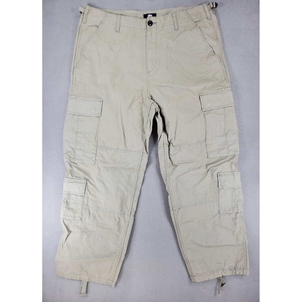 Stussy Ripstop Surplus Cargo Pants 36x29 Khaki Light Green Cotton Tie Ankle